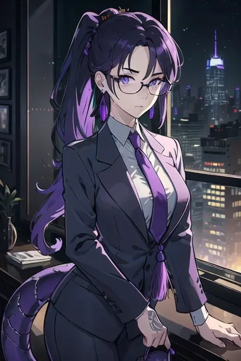 (masterpiece, best quality, perfect face, perfect eyes, detailed face, snake eyes:1.3), woman, snake lady, purple hair, neat hair, ponytail, purple gray eyes, (business suit, black suit, light purple shirt:1.2), purple tie, menacing, glasses, black gloves, (single earring, tassel earring, single tassel, purple tassel:1.2), office, windows, nightscape, night, city lights, skyscrapers, tilted head,