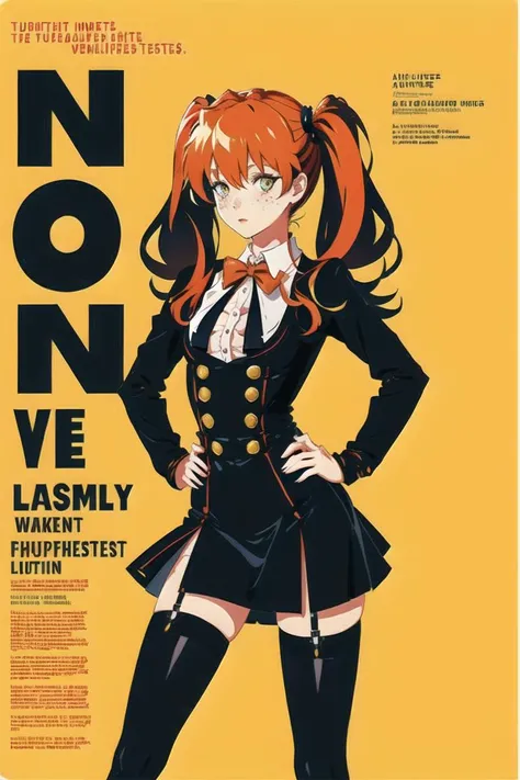 beautiful asuka langley wearing modern classy black_maid_dress, beautiful eyes,hands on hips, long black hair, english text, cover, simple background, petite, thighhighs, wide hips, flyer, magazine, graphic design ,twintails,beautiful long auburn_hair,bauhaus,black and yellow background,blush,freckles,wind lift, <lora:text cover-v1.3-000007:0.8> <lora:GraphicAesth:0.4>