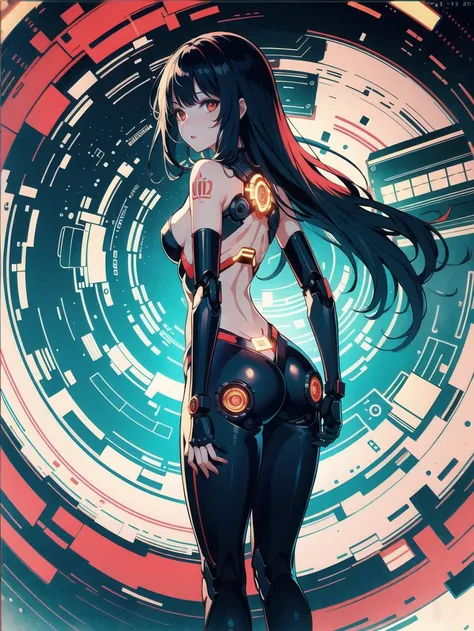 (masterpiece:1.2), (best quality:1.2), (ultra deteailed:1.2), volumetric light, ray tracing,finely detailed,absurdres,beutiful cute young robot (mechanical girl:1.1) presenting her ass,very long hair,(colored inner hair:1.1), caustics, (abstract robotic complex background:1.2),large breasts, bubble butt,petite,tattoo, flat color, small breasts, looking back, leaning forward, beautiful glowing red eyes,ultra detailed background