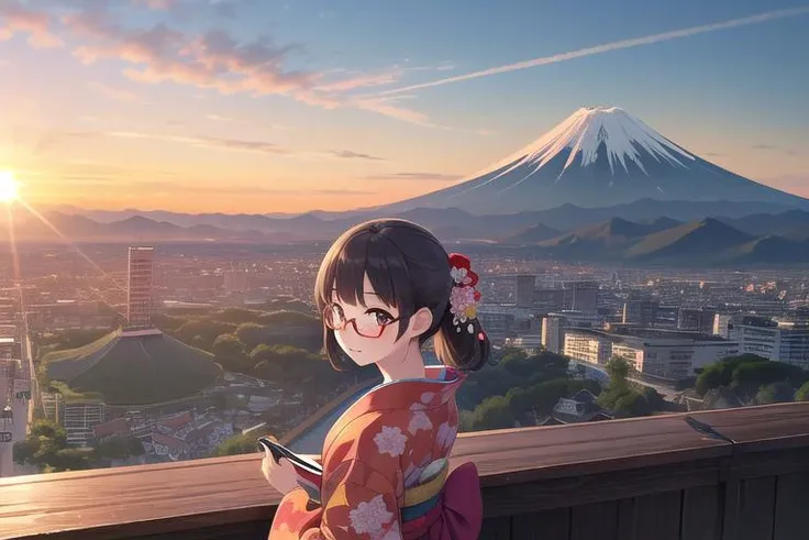 masterpiece,ultra detail,best quality,firstSunrise,outdoors,mount fuji,mountainous horizon,sunrise,sunset,sunlight,city,ocean,girl,kimono,glasses