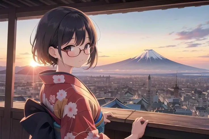 masterpiece,ultra detail,best quality,firstSunrise,outdoors,mount fuji,mountainous horizon,sunrise from top of mount fuji,sunlight,city,ocean,girl,kimono,glasses