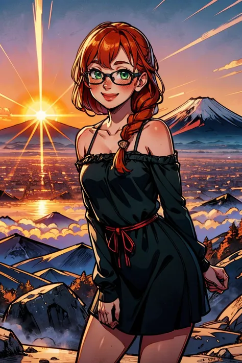 lis, orange hair, one braid, glasses, green eyes, black cocktail dress, bare shoulders, looking at viewer, smiling, happy, blush, medium shot, standing,
firstSunrise,outdoors,mount fuji,mountainous horizon,sunrise, dusk, city,ocean, high quality, masterpiece, <lora:happyNewYear:.4> <lora:lis_(battlefield_2042):.6>