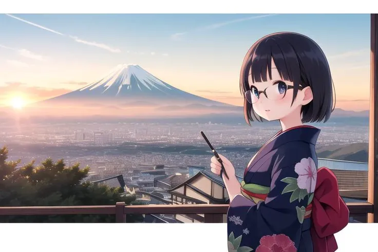 masterpiece,ultra detail,best quality,firstSunrise,outdoors,mount fuji,mountainous horizon,sunrise from top of mount fuji,sunlight,city,ocean,girl,kimono,glasses,cloud,