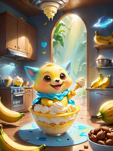 a laughting alien baby with cute pijama happily splash his food everywhere in the spaceship kitchen , sharp <lora:add-detail-xl:0.5> <lora:DetailedEyes_xl_V2:0.7> sun rays lighting, eerie fog, facing light :1.4 <lora:FoodPets:0.9>, foodpets wolf banana, ice cream, nuts