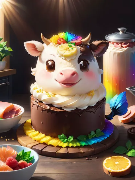 kitchen, dark chocolate cream fluffy cow, vanilla foodpets, fish, ham, ivy<lora:add-detail-xl:0.7>piercing gradient_background, 8k,highly detailed,digital photography,rainbow, sun rays masterpiece,sidelighting, finely detailed beautiful sparkling light eyes,hdr,realistic,high definition,sweating <lora:FoodPets:1>