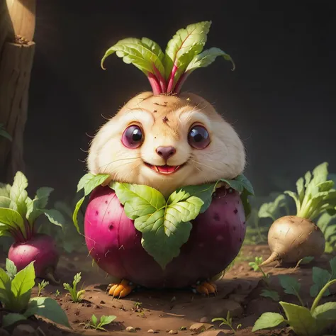 very cute appealing anthropomorphic beet Gopher, looking at the viewer, macro, cinematic lighting, fantasy art, dynamic composition, epic realistic, award winning illustration <lora:FoodPets:1> Foodpets