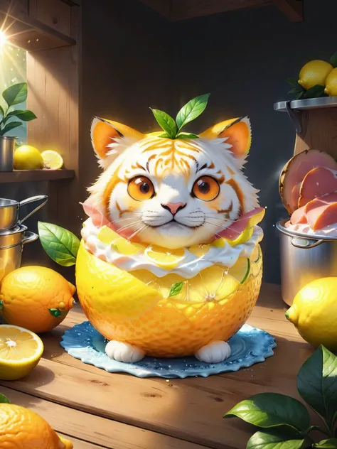 kitchen, fluffy orange cream tiger  cream, lemon foodpets, fish, ham, ivy<lora:add-detail-xl:0.7>piercing gradient_background, 8k,highly detailed,digital photography,rainbow, sun rays masterpiece,sidelighting, finely detailed beautiful sparkling light eyes,hdr,realistic,high definition,sweating <lora:FoodPets:1>