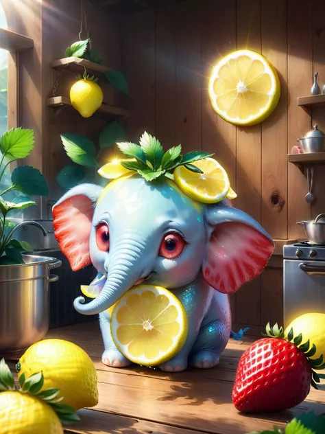 kitchen, gelatinous translucent pastel elephant strawberry, lemon foodpets, fish, ham, ivy<lora:add-detail-xl:0.7>piercing gradient_background, 8k,highly detailed,digital photography,rainbow, sun rays masterpiece,sidelighting, finely detailed beautiful sparkling light eyes,hdr,realistic,high definition,sweating <lora:FoodPets:1>