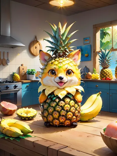 kitchen, pineapple fox, cream, banana, foodpets, fish, ham, ivy<lora:add-detail-xl:0.7>piercing gradient_background, 8k,highly detailed,digital photography,rainbow, sun rays masterpiece,sidelighting, finely detailed beautiful sparkling light eyes,hdr,realistic,high definition,sweating <lora:FoodPets:1>
