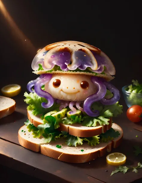 very cute appealing anthropomorphic jellyfish sandwich, looking at the viewer, macro, cinematic lighting, fantasy art, dynamic composition, epic realistic, award winning illustration  <lora:FoodPets:1> Foodpets