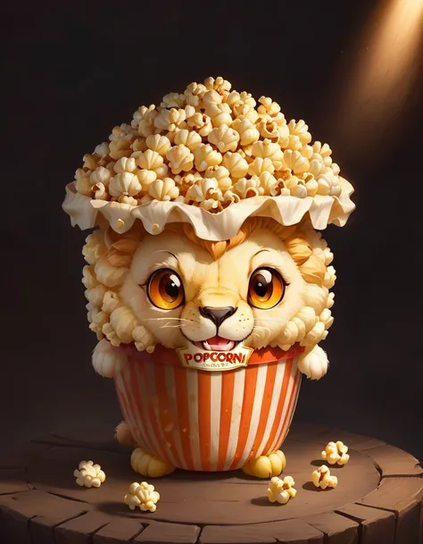 very cute appealing anthropomorphic popcorn lion, looking at the viewer, macro, cinematic lighting, fantasy art, dynamic composition, epic realistic, award winning illustration  <lora:FoodPets:1> Foodpets