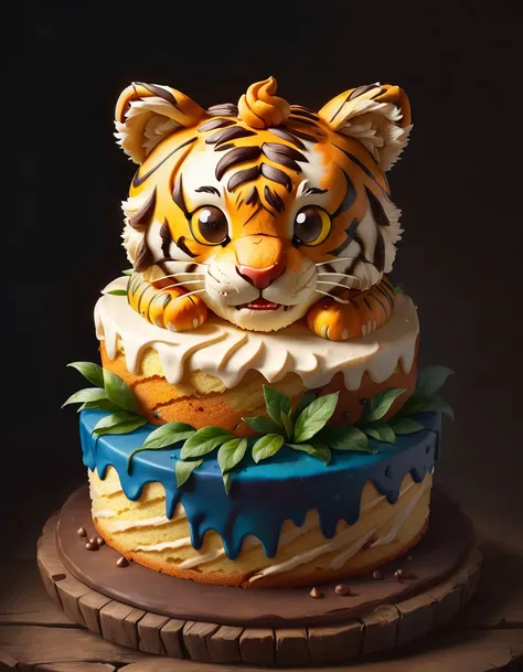 very cute appealing anthropomorphic tiger cake, looking at the viewer, macro, cinematic lighting, fantasy art, dynamic composition, epic realistic, award winning illustration <lora:FoodPets:1> Foodpets