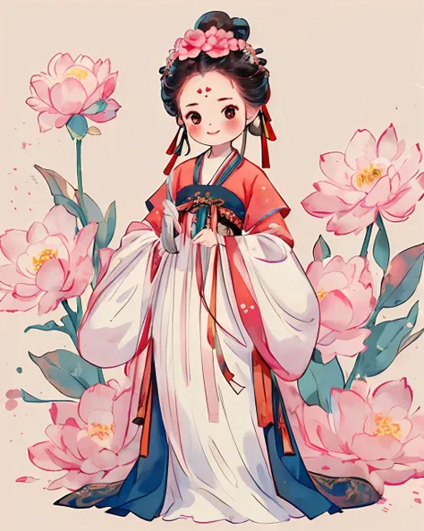 1girl, solo, blush, smile, black hair, hair ornament, long sleeves, white background, dress,standing, full body, hair ribbon, flower, hair flower, wide sleeves, hair bun, red ribbon, chinese clothes, facing viewer, pink flower, forehead mark, updo, hanfu, <lora:gufeng_v1:0.7>