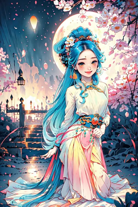 <lora:gufeng_illustration_v2:0.8>, chibi, hair ornament, flower , chinese clothes, jewely,  (cute girl:1.1,solo, 1girl), (pale skin:1.2), slim, PIXIV, kneeling on the garden, (smirk evil smile), (detail garden:1.2), (full body:1.4), soft light, lantern
perfect(face ,eyes , nose, hands , arms), detailed fingers, extremely detailed eyes and face, beautiful detailed nose, beautiful detailed eyes, idol vibes, (realistic, photo-realistic:2.0), extremely detailed, CG, 8k wallpaper, Amazing, finely detail, (masterpiece:2.0, best quality), (intricate details, depth of field), beautiful detailed girl, glossy pink lips, yellow eyes, (((long hair:1.1), (colorful gradient multi-colored sky blue hair), long straight hair)), elegant , <lora:cozy animation scenes_20230824111332:0.65>, cozy, animation scenes, scenery, wide angle view,