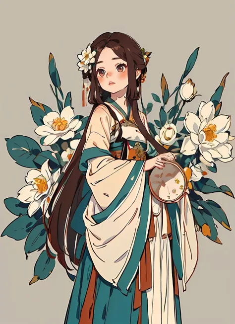 1girl, solo, long hair, simple background, brown hair, long sleeves, upper body, flower, hair flower, chinese clothes, white flower, , hanfu,<lora:gufeng_illustration_v2:0.7>