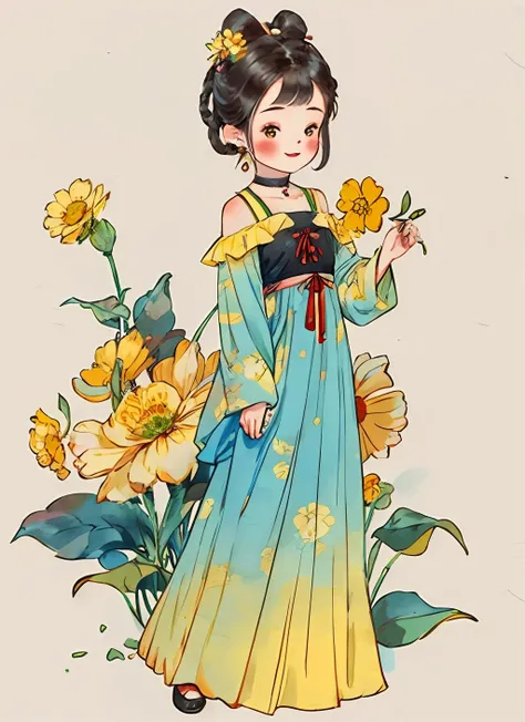 1girl, solo, blush, smile, simple background, black hair, hair ornament, long sleeves, white background, dress, ribbon, holding, standing, braid,earrings, choker, floral print, facing viewer, hair rings, yellow flower, holding flower, <lora:gufeng_v1:0.7>