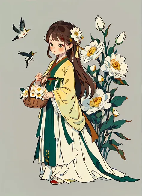 1girl, solo, long hair,  simple background, brown hair, hair ornament, long sleeves,  full body, flower, hair flower,  chinese clothes, white flower, bird, green dress,  holding basket, hanfu,<lora:gufeng_illustration_v2:0.7>