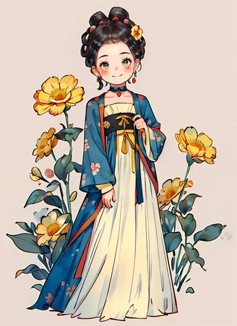 1girl, solo, blush, smile, simple background, black hair, hair ornament, long sleeves, white background, dress, ribbon, holding, standing, braid,earrings, choker, floral print, facing viewer, hair rings, yellow flower, holding flower, <lora:gufeng_v1:0.7>