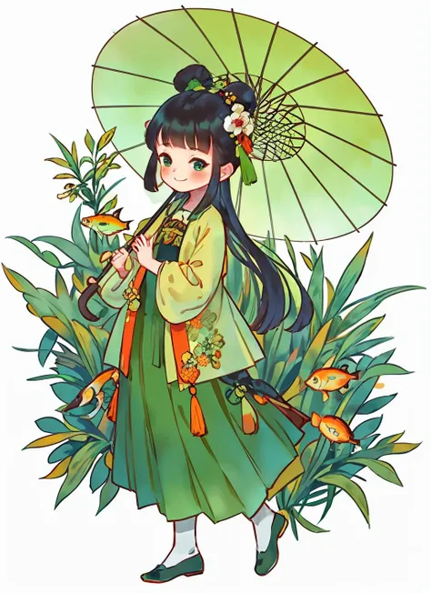 1girl, solo, long hair, looking at viewer, blush, smile, bangs, simple background, black hair, hair ornament, long sleeves, standing, full body, shoes, hair bun, double bun, umbrella, chinese clothes, tassel, fish, green dress, <lora:gufeng_v1:0.7>