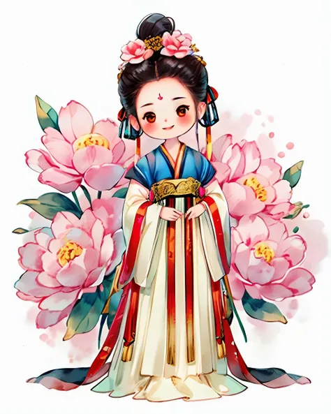 1girl, solo, blush, smile, black hair, hair ornament, long sleeves, white background, dress,standing, full body, hair ribbon, flower, hair flower, wide sleeves, hair bun, red ribbon, chinese clothes, facing viewer, pink flower, forehead mark, updo, hanfu, <lora:gufeng_v1:0.7>