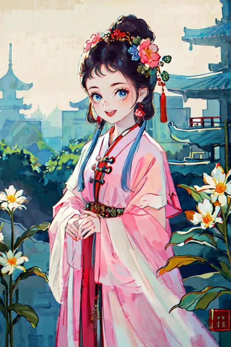 <lora:gufeng_v1:0.9>hair ornament, flower,chinese clothes,jewely,garden,
(best quality, masterpiece, RAW photo,ultra-detailed:1.2), <lyco:GoodHands-beta2:1.0>,1girl,solo,looking at viewer,:D,