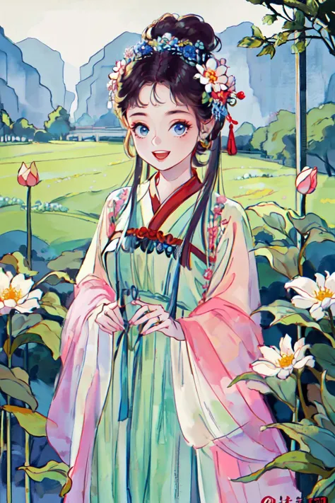 <lora:gufeng_v1:0.9>hair ornament, flower,chinese clothes,jewely,garden,
(best quality, masterpiece, RAW photo,ultra-detailed:1.2), <lyco:GoodHands-beta2:1.0>,1girl,solo,looking at viewer,:D,