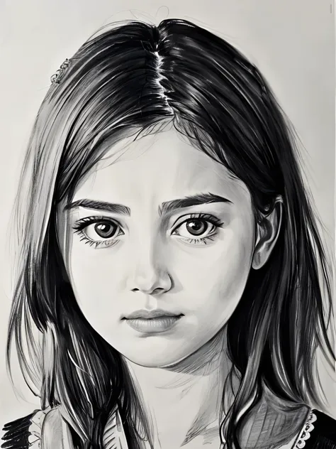 Portrait of a 21 year old girl, sketch, pencil sketch, 8k, intricate, best quality, absurdres, pencil drawing, masterpiece, high detail, pretty face, sad look