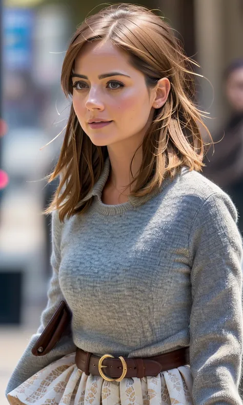 paparazzi shot of Jenna Coleman walking down a street, extremely high quality RAW photograph, detailed background, intricate, Exquisite details and textures, highly detailed, ultra detailed photograph, warm lighting, artstation, 4k, sharp focus, high resolution, detailed skin, detailed eyes, 8k uhd, dslr, low harsh lighting, high quality, film grain, Fujifilm XT3,