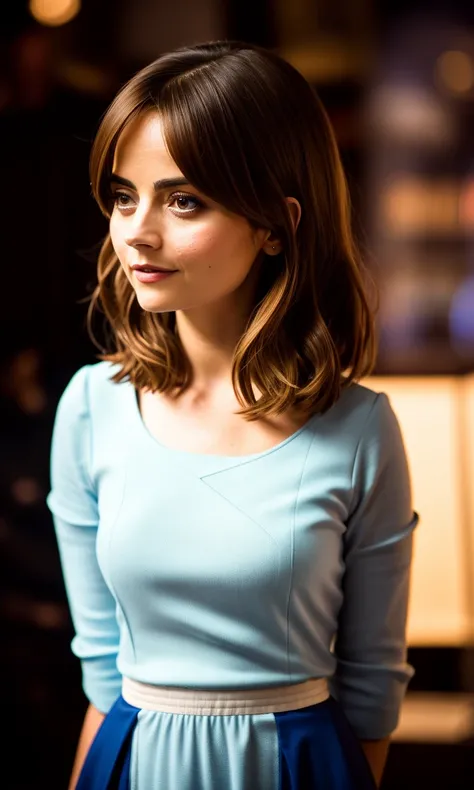 photo of Jenna Coleman (cosplay Clara Oswald) inside the Tardis, Photo from Doctor Who, extremely high quality RAW photograph, detailed background, intricate, Exquisite details and textures, highly detailed, ultra detailed photograph, warm lighting, artstation, 4k, sharp focus, high resolution, detailed skin, detailed eyes, 8k uhd, dslr, high quality, film grain, Fujifilm XT3,
