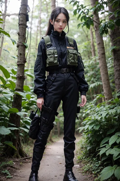 (original: 1.5), (far shot), (realistic: 1.5), masterpiece, best quality, beautiful clean face, full body, 1girl, wearing army green techwear jacket and trousers with buckle and tapes, tactical vest, in a jungle, posing for a picture, long legs, <lora:urbanSamuraiClothing_urbansamuraiV03:0.2>, <lora:epiNoiseoffset_v2:1>, pureerosface_v1