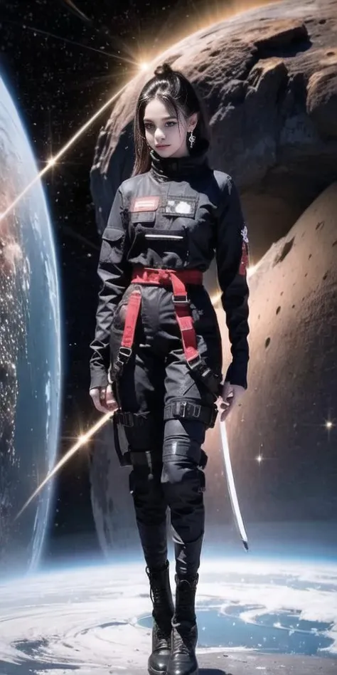 (RAW photo:1.2), (far shot), (photorealistic:1.4), (masterpiece:1.3), (intricate details:1.2), realistic, delicate, beautiful detailed, fullbody, (((hold a long katana))), wearing black techwear jacket and red trousers with buckle and tape,  see-through jacket, Tight vest inside, (crystal necklace), (red braided bun),  <lora:urbanSamuraiClothing_urbansamuraiV03:0.8>,  <lora:0t_v1:0.65>, <lora:fashionGirl_v50:0.35>, kpop idol, red lips, petite, narrow waist, (looking_at_viewer), (floating:1.2), dynamic pose, big circle earrings, long legs, (best quality:1.4), (ultra highres:1.2), cinema light, (extreme detailed illustration), ( 85mm, f/1.4, ISO 200, 1/160s:0.75), (in space, universe, Extraterrestrial, vast:1.5),  ulzzang-6500-v1.1