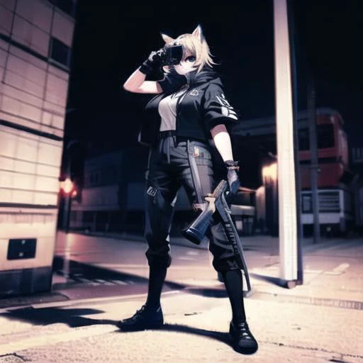 urbansamurai, masterpiece, best quality, beautiful face, fullbody, a woman with cat-ears, wearing techwear jacket and trousers with buckle and tape, (holding an automatic rifle), crystal necklace, posing for a picture, braid, long legs, on the street <lora:urbansamuraiv0.14-000002:1>