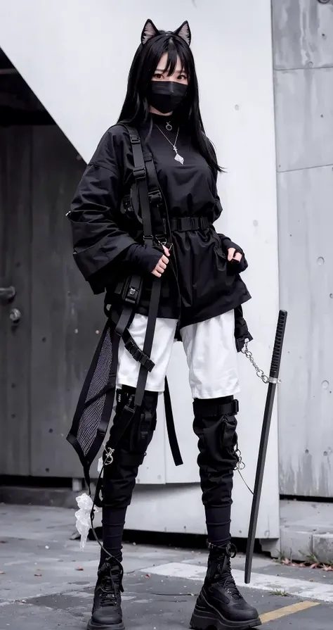 (original: 1.2), (far shot), (realistic: 1.3) (mixed Korean), masterpiece, best quality, beautiful clean face, fullbody, 1girl, (with cat-ears on head), mask, fur, wearing black techwear jacket and bodysuit and trousers with buckle and tape, ((a crystal necklace)), posing for a picture, (white beehive hairdo with cobalt highlights), long legs, holding one katana, big happy warm smile, huge breast, a huge cross sculpture behind <lora:urbansamuraiv3testing:0.9> <lora:Chilloutmixni_LoraKoreandolllikeness:0.2> pureerosface_v1