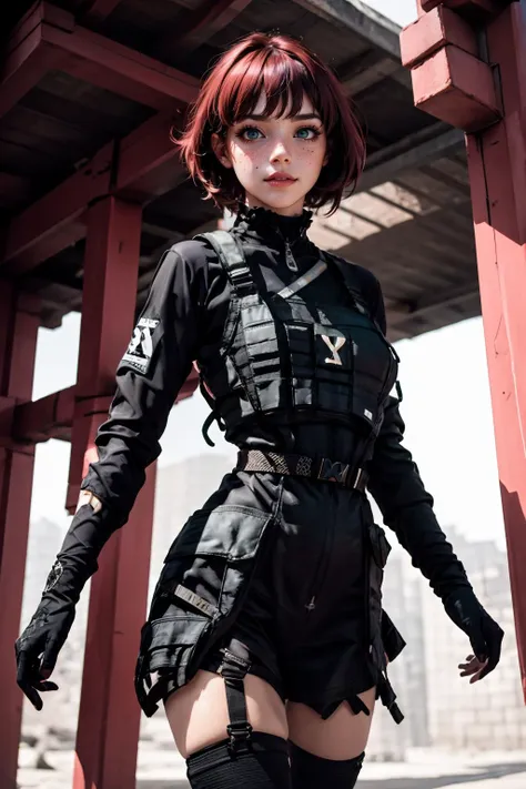 (masterpiece, best quality:1.2), <lora:wraith_(apex_legends):0.7>, wraith (apex legends), 1girl, solo, single hair bun, hair bun, bodysuit, scarf, black bodysuit, holding, breasts, black hair, black scarf, large breasts, blue eyes, belt, brown belt, bangs, parted bangs, hair behind ear, gloves, nose piercing, black gloves, thigh strap, squatting, open mouth, smile, looking at viewer, outdoors, night, fog, sitting in tree, <lora:Jiwoo_NMIXX-02:1>