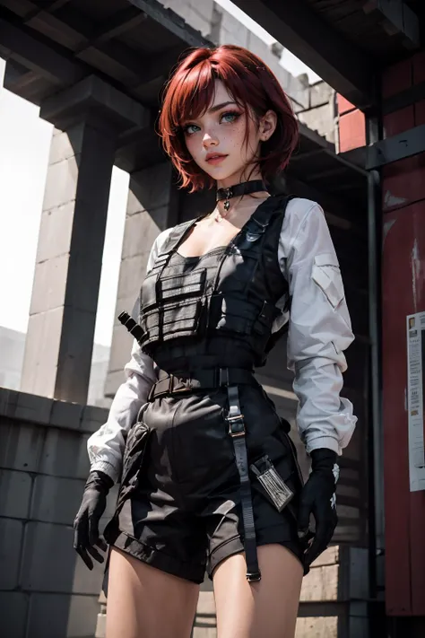 (masterpiece, best quality, highres, high resolution:1.2), extremely detailed, realistic, intricate details, 1girl, solo, red hair, short hair, bangs, green eyes, blush, freckles, eyeliner, eyeshadow, eyelashes, collarbone, choker, light smile, (medium breasts, thick thighs, wide hips), techwear jacket, black gloves, tactical vest, with buckle and tape
<lora:add_detail:0.5> <lora:realistic:0.65> <lora:urbansamurai_v0.3:0.8>