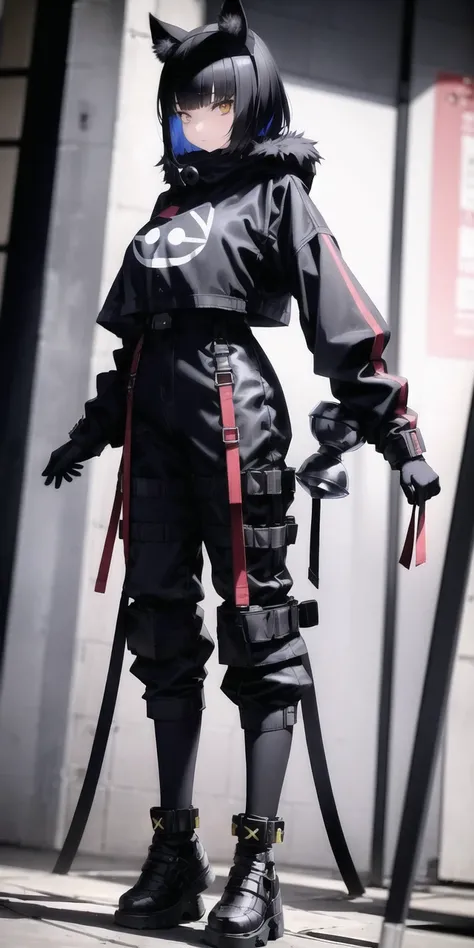 1girl, with cat-ears on head, fur, thin waist, extremely detailed ODD big eyes, wearing techwear jacket and pants with buckle and tape, posing for a picture, (Cobalt bowl cut:1.2), beautifully color-coded, beautifully color graded, photoshop rendering, long legs <lora:urban_samurai:0.5>