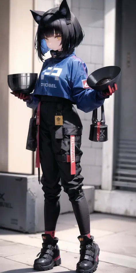 1girl, with cat-ears on head, fur, thin waist, extremely detailed ODD big eyes, wearing techwear jacket and pants with buckle and tape, posing for a picture, (Cobalt bowl cut:1.2), beautifully color-coded, beautifully color graded, photoshop rendering, long legs <lora:urban_samurai:0.5>
