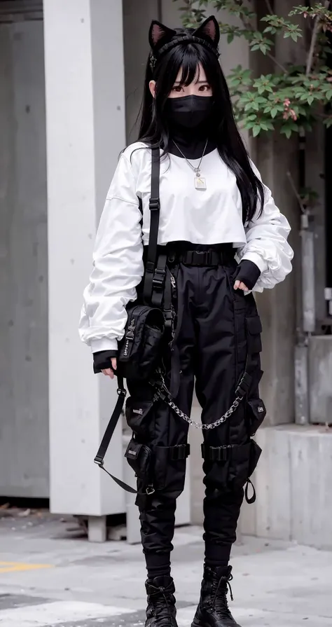 (original: 1.2), (far shot), (realistic: 1.3) (mixed Korean), masterpiece, best quality, beautiful clean face, fullbody, 1girl, (with cat-ears on head), mask, fur, wearing black techwear jacket and trousers with buckle and tape, ((crystal necklace)), posing for a picture, (pink beehive hairdo), long legs, big happy warm smile, on the street <lora:urbansamuraiv3testing:0.9>  <lora:Chilloutmixni_LoraKoreandolllikeness:0.2>  pureerosface_v1