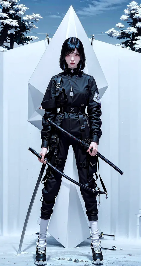 ulzzang-6500, (original: 1.2), (far shot), (realistic: 1.3) (mixed Korean), masterpiece, best quality, beautiful clean face, fullbody, 1girl, with cat-ears on head, fur, wearing black techwear jacket and trousers with buckle and tape, ((a crystal necklace)), posing for a picture, (white bob cut with cobalt highlights), long legs, drawing a katana, big happy warm smile, <lora:urbansamuraiv3testing:0.9>