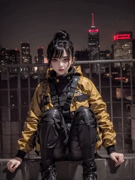 (masterpiece), best quality, ultra high res, beautiful clean face, 1girl, teenager, wearing yellow techwear jacket and black trousers with buckle and tape, sitting on a rooftop, (braided bun), night city cyberpunk style , neon lights, ulzzang-6500-v1.1