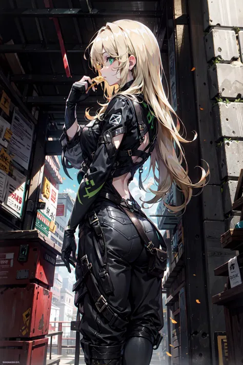 {{masterpiece, best quality, extremely detailed CG, unity 8k wallpaper, cinematic lighting, lens flare}}, a girl leaning her back against the wall and eating a crepe, (side view:1.4), thick body, long blond hair, green eyes, <lora:add_detail:0.2>, <lora:Niji:0.5>, <lora:urbansamuraiv3testing:0.5>