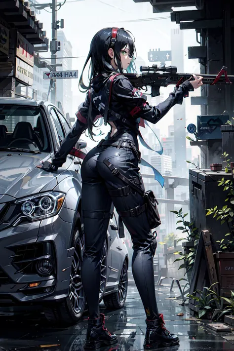 {{masterpiece, best quality, extremely detailed CG, unity 8k wallpaper, cinematic lighting, lens flare}}, a girl holding a rifle and leaning on a car, wide view, full body, thick body, long blond hair, green eyes, <lora:add_detail:0.2>, <lora:Niji:0.5>, <lora:urbansamuraiv3testing:0.5>, (holding weapon, holding rifle, aiming, aim, open fire, firing, leaning back on a car, car:1.4), gun, h&k hk416, carbine, (side view:1.4)