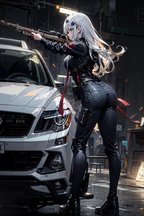 {{masterpiece, best quality, extremely detailed CG, unity 8k wallpaper, cinematic lighting, lens flare}}, a girl holding a rifle and leaning on a car, wide view, full body, thick body, long blond hair, green eyes, <lora:add_detail:0.2>, <lora:Niji:0.5>, <lora:urbansamuraiv3testing:0.5>, (holding weapon, holding rifle, aiming, aim, open fire, firing, leaning back on a car, car:1.4), gun, h&k hk416, carbine, (side view:1.4)