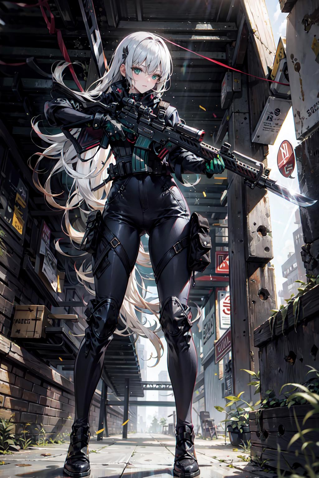 A woman in a black outfit holding a gun in a alley - SeaArt AI