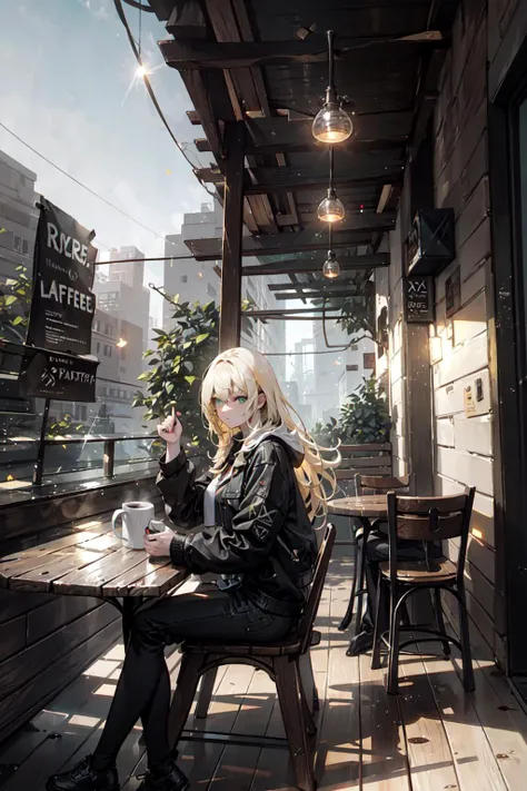 a girl sitting on a chair outside of a coffee shop, (large coffee shop:1.4),  (wooden chairs:1.4), (table:1.4), drinking coffee, (coffee mug:1.4), Thick Body, (Long Blond Hair:1.4), Green Eyes, HDR (High Dynamic Range), Ray Tracing, NVIDIA RTX, Super-Resolution, Unreal 5, Subsurface Scattering, PBR Texturing, Post-Processing, Anisotropic Filtering, Depth-Of-Field ,Maximum Clarity And Sharpness, Multi-Layered Textures, Albedo And Specular Maps, Surface Shading, Accurate Simulation Of Light-Material Interaction, Octane Render, Two-Tone Lighting, Low ISO, White Balance, Rule Of Thirds, Wide Aperture, 8K RAW, Efficient Sub-Pixel, Sub-Pixel Convolution, (Luminescent Particles:1.4), {{Masterpiece, Best Quality, Extremely Detailed CG, Unity 8k Wallpaper, 3D, Cinematic Lighting, Lens Flare}},  <lora:add_detail:0.2>, <lora:Niji:0.5>, <lora:urbansamuraiv3testing:0.5>
