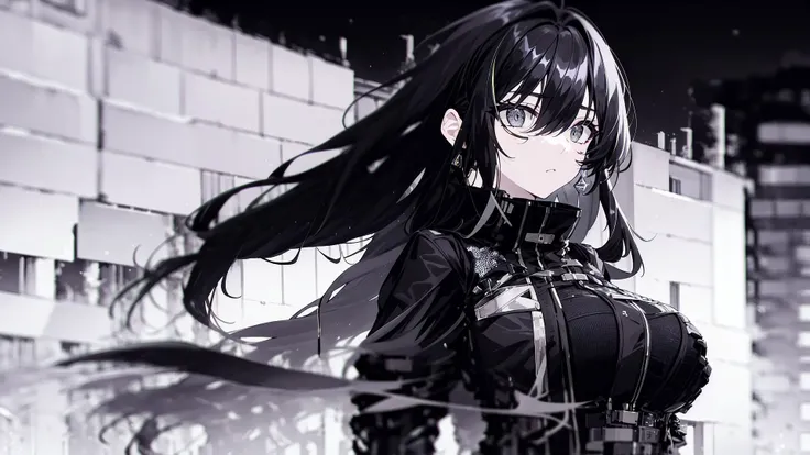 mature female,black hair, very long hair,green streaked hair,grey eyes,large breasts,city,upper body,night,black theme,techwear jacket,masterpiece,best quality,ultra-detailed,very detailed illustrations,extremely detailed,intricate details,highres,super complex details,extremely detailed 8k cg wallpaper,solo,alone,<lora:GoodHands-beta2:0.8>, <lora:beautifulDetailedEyes_v10:0.8>, <lora:urbansamurai_v0.3:1>