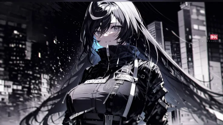 (mature female:1.2),black hair, very long hair,silver streaked hair,black eyes,large breasts,city,upper body,night,grey theme,techwear jacket,masterpiece,best quality,ultra-detailed,very detailed illustrations,extremely detailed,intricate details,highres,super complex details,extremely detailed 8k cg wallpaper,solo,alone,<lora:GoodHands-beta2:0.8>,  <lora:beautifulDetailedEyes_v10:0.8>,  <lora:urbansamurai_v0.3:0.8>