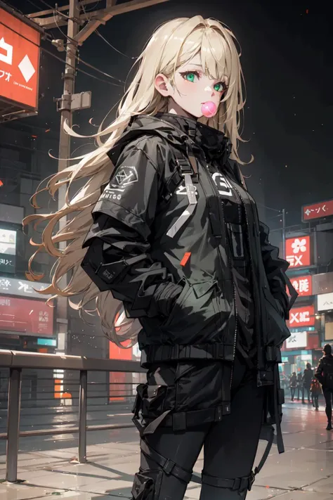 a girl blowing a big bubblegum with both of her hand in her pocket , (hands in pocket:1.4),  (big bubblegum:1.4), (Shibuya:1.4), (night lights:1.4), (Thick Body:1.4), (Long Blond Hair:1.4), Green Eyes, HDR (High Dynamic Range), Ray Tracing, NVIDIA RTX, Super-Resolution, Unreal 5, Subsurface Scattering, PBR Texturing, Post-Processing, Anisotropic Filtering, Depth-Of-Field ,Maximum Clarity And Sharpness, Multi-Layered Textures, Albedo And Specular Maps, Surface Shading, Accurate Simulation Of Light-Material Interaction, Octane Render, Two-Tone Lighting, Low ISO, White Balance, Rule Of Thirds, Wide Aperture, 8K RAW, Efficient Sub-Pixel, Sub-Pixel Convolution, (Luminescent Particles:1.4), {{Masterpiece, Best Quality, Extremely Detailed CG, Unity 8k Wallpaper, 3D, Cinematic Lighting, Lens Flare}},  <lora:add_detail:0.2>, <lora:Niji:0.5>, <lora:urbansamuraiv3testing:0.5>