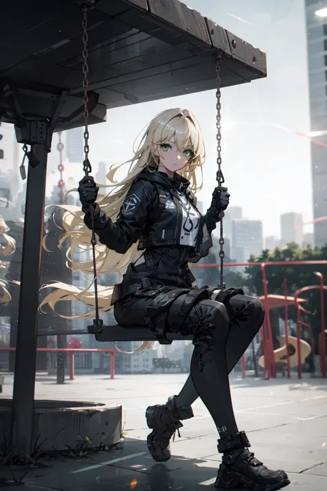 a girl sitting on a swing, (swing:1.4), (playground:1.4), (city backgroundL:1.4),(Thick Body:1.4), (Long Blond Hair:1.4), Green Eyes, HDR (High Dynamic Range), Ray Tracing, NVIDIA RTX, Super-Resolution, Unreal 5, Subsurface Scattering, PBR Texturing, Post-Processing, Anisotropic Filtering, Depth-Of-Field ,Maximum Clarity And Sharpness, Multi-Layered Textures, Albedo And Specular Maps, Surface Shading, Accurate Simulation Of Light-Material Interaction, Octane Render, Two-Tone Lighting, Low ISO, White Balance, Rule Of Thirds, Wide Aperture, 8K RAW, Efficient Sub-Pixel, Sub-Pixel Convolution, (Luminescent Particles:1.4), {{Masterpiece, Best Quality, Extremely Detailed CG, Unity 8k Wallpaper, 3D, Cinematic Lighting, Lens Flare}}, <lora:add_detail:0.2>, <lora:Niji:0.5>, <lora:urbansamuraiv3testing:0.5>