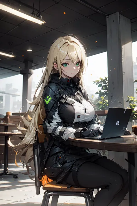 a girl studying with her laptop inside a coffee shop, (Studying:1.4), (laptop:1.4), (large coffee shop:1.4), (sitting:1.4), (Thick Body:1.4), (Long Blond Hair:1.4), Green Eyes, HDR (High Dynamic Range), Ray Tracing, NVIDIA RTX, Super-Resolution, Unreal 5, Subsurface Scattering, PBR Texturing, Post-Processing, Anisotropic Filtering, Depth-Of-Field ,Maximum Clarity And Sharpness, Multi-Layered Textures, Albedo And Specular Maps, Surface Shading, Accurate Simulation Of Light-Material Interaction, Octane Render, Two-Tone Lighting, Low ISO, White Balance, Rule Of Thirds, Wide Aperture, 8K RAW, Efficient Sub-Pixel, Sub-Pixel Convolution, (Luminescent Particles:1.4), {{Masterpiece, Best Quality, Extremely Detailed CG, Unity 8k Wallpaper, 3D, Cinematic Lighting, Lens Flare}}, <lora:add_detail:0.2>, <lora:Niji:0.5>, <lora:urbansamuraiv3testing:0.5>